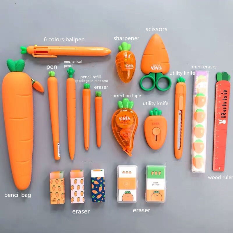 Full Set of Carrot Stationery or Just Pencil Case - Pencil Case, Pens, Pencils, Erasers/Rubbers, and Much More